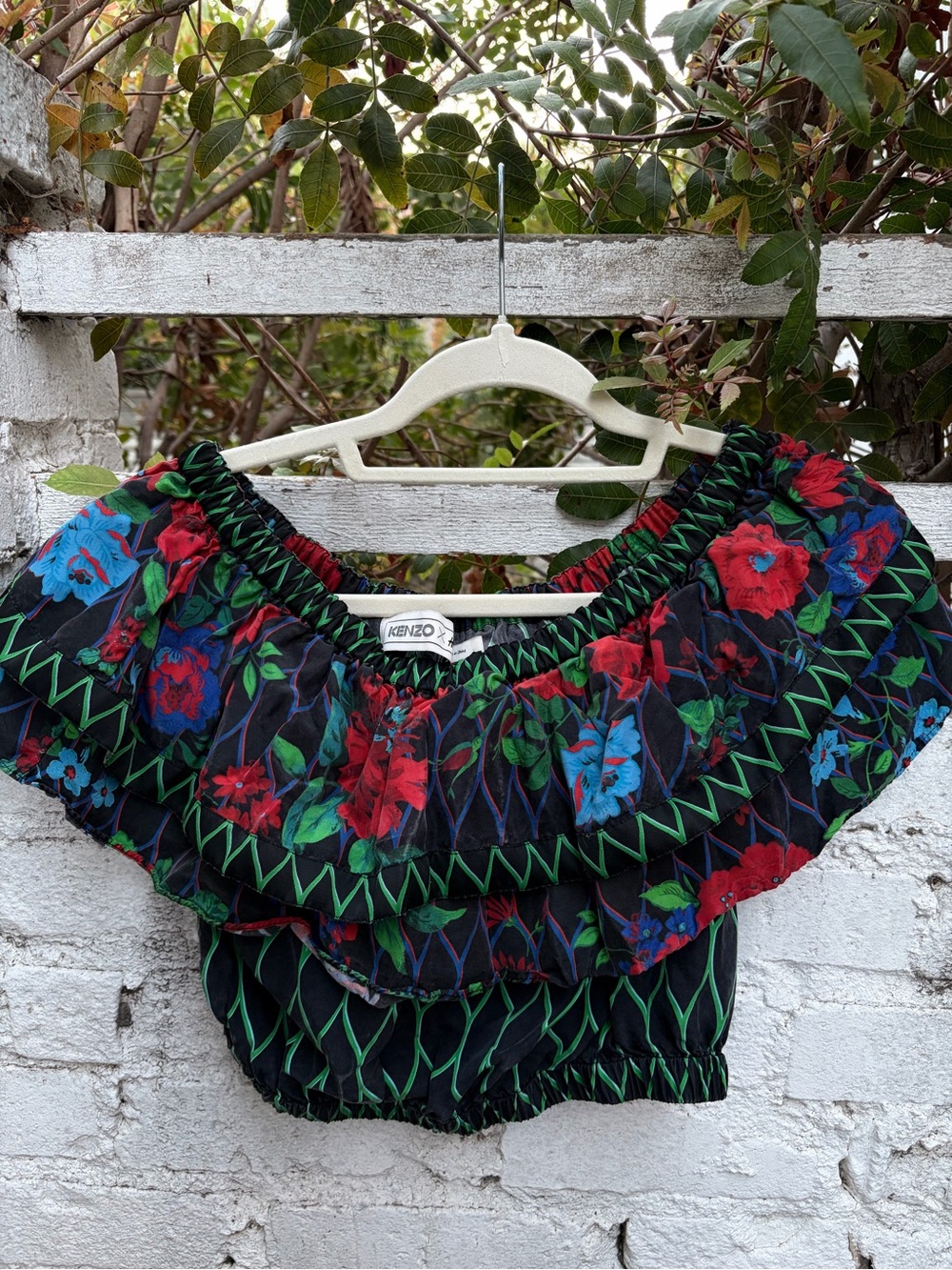 Kenzo for H&M Black Floral Off-Shoulder Crop Top with Red & Blue Blooms
